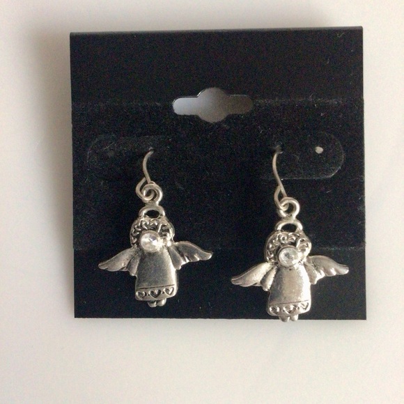 Jewelry - Whimsical Silver Angel and Rhinestone Dangle Earrings